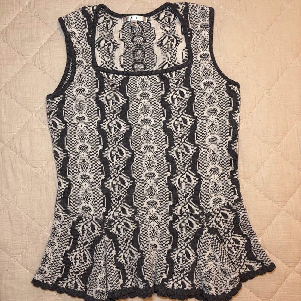 CAbi Black and White Knit Peplum Tank Medium